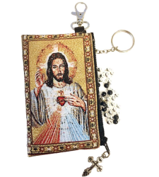 Devine Mercy - Reversible - Tapestry Cloth Rosary Key Chain Coin Holder Case Pouch 
